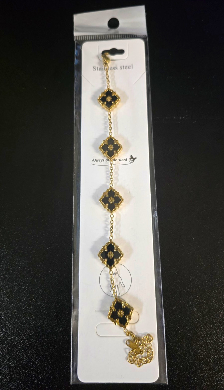 Stainless Steel Gold Tone Cable Chain Bracelet Black Clover Charms Lobster